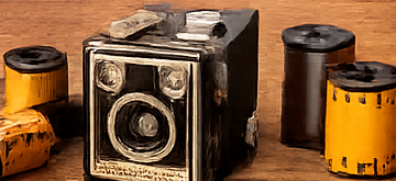 Vintage camera and film rolls