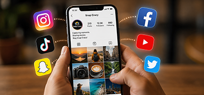 Smartphone showing a social media photography profile with app icons